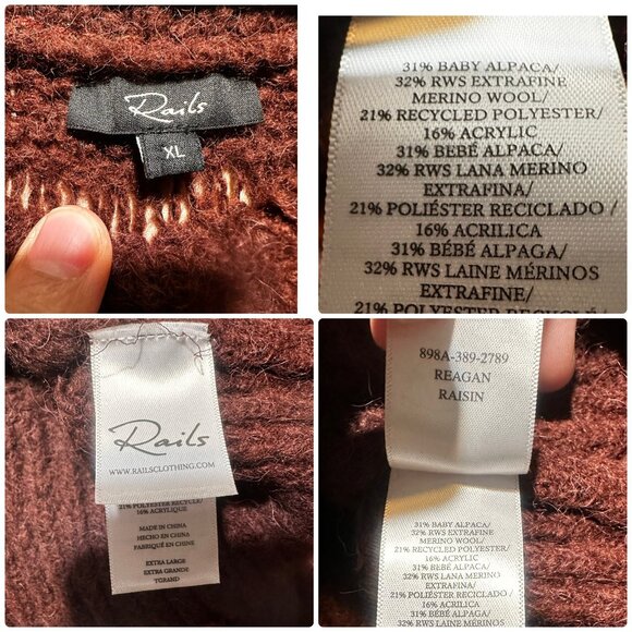 Rails Reagan Raisin Alpaca Wool Sweater Women XL Brown Open Chunky Knit High Nec - Picture 6 of 16